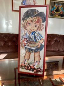 Vintage Wool Needlepoint Skater Girl Wall Art Framed Textile Decor