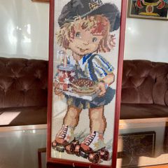 Vintage Wool Needlepoint Skater Girl Wall Art Framed Textile Decor
