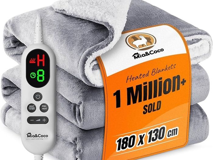 Electric Heated Blanket Throw 130/ 180 Flannel Sherpa, Fast Heating, 10 Heat Levels 9H Auto Off LED Controller Overheat Protection  Machine Washable  ETL Certified Grey