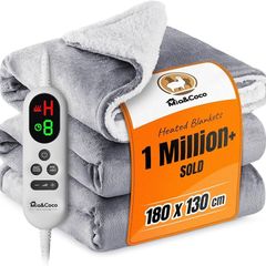 Electric Heated Blanket Throw 130/ 180 Flannel Sherpa, Fast Heating, 10 Heat Levels 9H Auto Off LED Controller Overheat Protection  Machine Washable  ETL Certified Grey