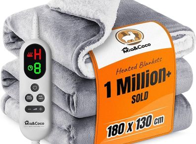 Electric Heated Blanket Throw 130/ 180 Flannel Sherpa, Fast Heating, 10 Heat Levels 9H Auto Off LED Controller Overheat Protection  Machine Washable  ETL Certified Grey