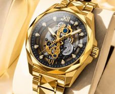 Gold Stainless steel auto skeleton watch