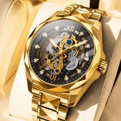 Gold Stainless steel auto skeleton watch