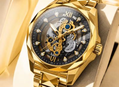 Gold Stainless steel auto skeleton watch