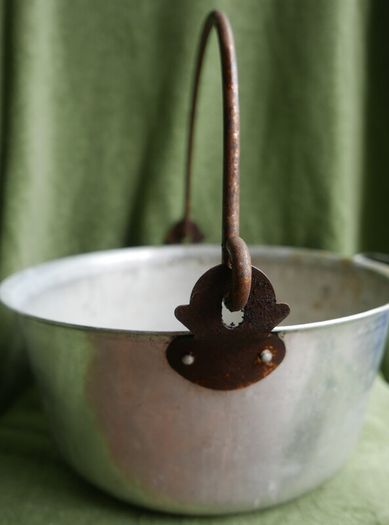 Vintage Aluminium Metal Handled Cooking Pot , Rustic Jam Pan Farmhouse Decor