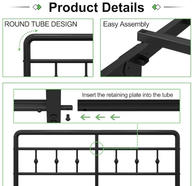 King Size Bed Frame with Victorian Headboard and Footboard, Metal Bed Frame with Heavy Duty Steel Slats Support, Ample Storage Space, Noise Free, Easy Assembly, Black