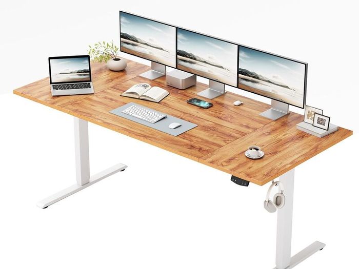 Electric Standing Desk 160 x 80 cm Height Adjustable Sit Stand Table with Easy-Glide Drawer 4 Memory Smart Pannal T-Leg Design for Stability Splice Board White Frame Surface