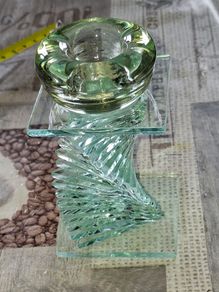 Vintage Unique Green Glass Candle Holder, striking twisted, stacked-plate design. Postage Available or Collection