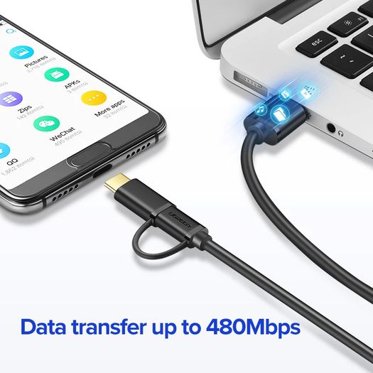 Ugreen 1M 2-in-1 (USB-C & Micro USB) QC 3.0 Fast Charger & Data Sync Gold Plated Cable (Brand New/Warranty)