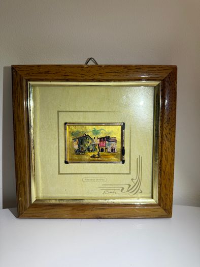 Vintage Italian Gold Leaf Miniature Print - Framed Village Scene