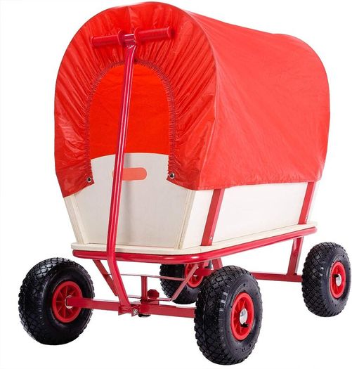 Handcart heavy duty  holds  up to 180 kg Handcart Wood up to 180 kg 4 Profile Pneumatic Tyres Hand Trolley Transport Trolley All-Round Steel Tube Frame Red Garden Trolley