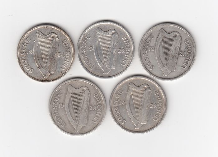 Ireland,5 x Saorstat Eireann Half Crowns, ( 4x1928, & 1x1934)2/6, 75% Silver Coins (No: 495)