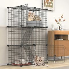 3 Tier Indoor Cat Cage Large DIY Cat Enclosure Small Animals Cages with 3 Doors, 2 Ladders 109 x 75 x 39 cm Anti-jumping Kitten Crate Indoor Use Pet Cages for Cats, Bunny, Chinchilla, Black