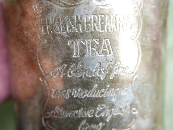 Vintage English Breakfast Tea  Engraved Round Silver Plated Container