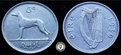 [#2204] - Ireland 1939 | Irish 6d | Six Pence | Wolfhound | KM.13