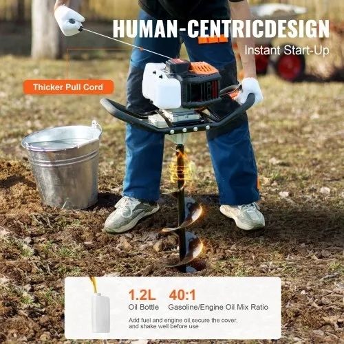 Gas Powered, 52CC 1450W Earth Auger, Gas Auger with 6" & 10" Auger Drill Action Design Bits & 3 Extension Rods, Post Fence Hole Digger for Farmland Garden Plant