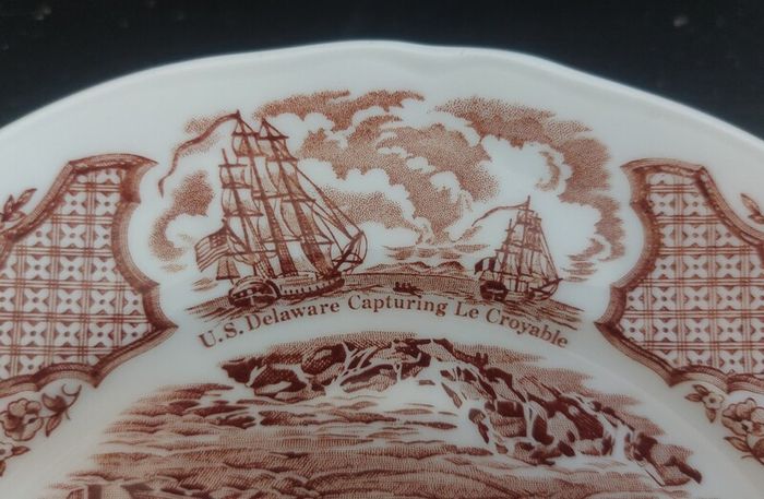 Vintage Set of Six Brown and White Fair Winds, Historical Scenes of Chinese Export to America - "The George Washington at Anchor" Salad Plates by Alfred Meakin