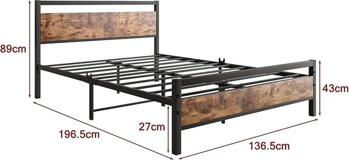 Double Bed Frame with Wooden Headboard,135x190cm,Vintage Brown Metal Platform Bed Frame Double Bed Base No Box Spring Needed,Heavy Duty Steel Slats,Underbed Storage Space,Easy to Assemble