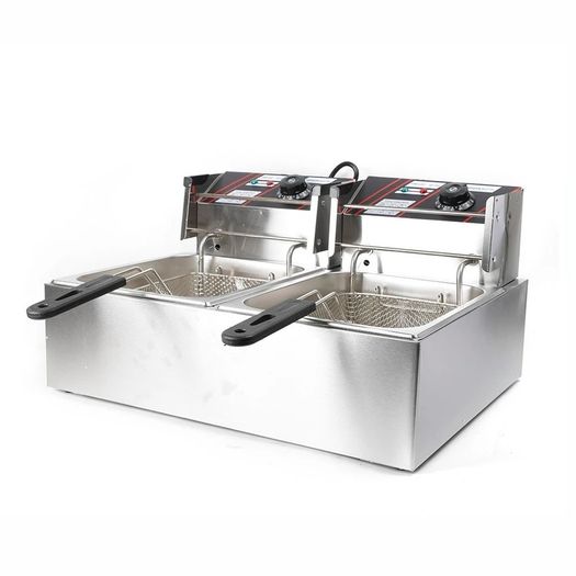 Stainless Steel Commercial Electric Fryer Stainless Steel Fryer 12L Electric Double Tank Double Sieve Machine for Chicken/Shrimp With Basket And Lid 12L 220v