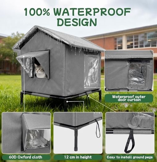 Cat House Weatherproof with Aluminum Film Insulation, Large Feral Cat Shelter for Winter, Collapsible with Door, Easy to Assemble (Dark Grey)