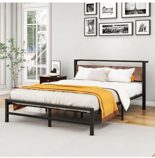 King Size Bed Frame with Headboard,Metal Bed 150x200 cm,Brown No Box Spring Needed,Steel Slats Mattress Foundation Square Pipe Design Noise Free Black+Brown