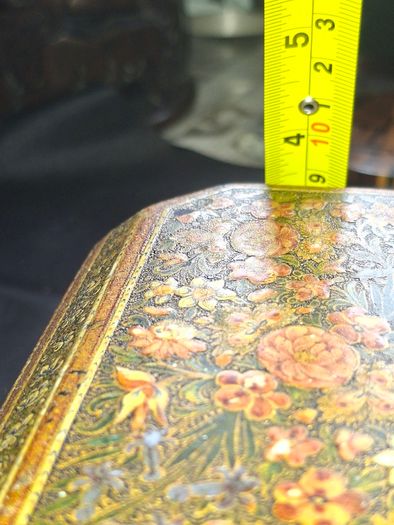Antique 19th Century Kashmiri Lacquered Papier Mache box featuring ornate floral and bird motifs