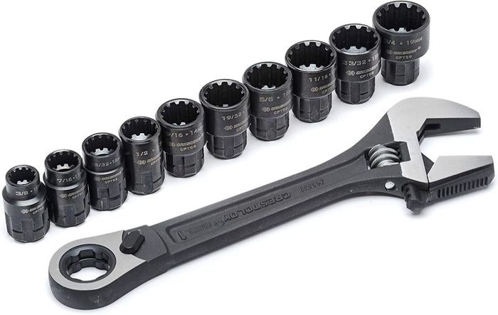 11 Piece 3-in-1 X6 Pass-Thru Adjustable Wrench/Spanner, Pipe Wrench and Pass-Thru Ratchet with Universal Sockets