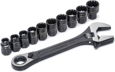 11 Piece 3-in-1 X6 Pass-Thru Adjustable Wrench/Spanner, Pipe Wrench and Pass-Thru Ratchet with Universal Sockets