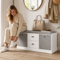 White Shoe Storage Bench with Cushion and Drawers