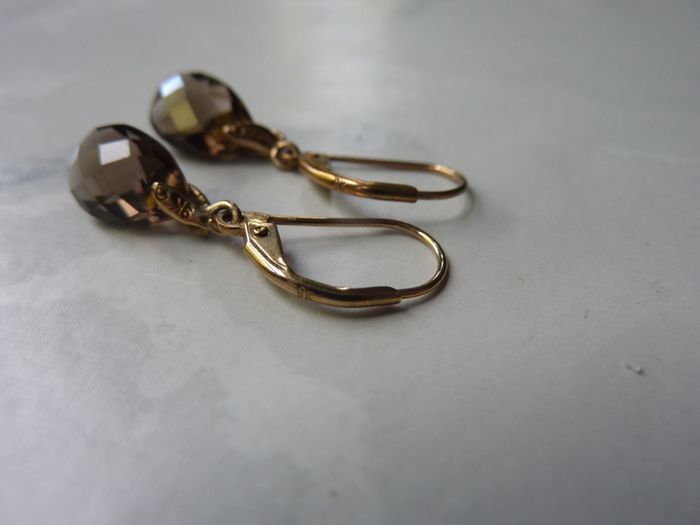 9ct Gold Smoky Quartz and Diamond Drop Earrings, Leverback, 1.58g