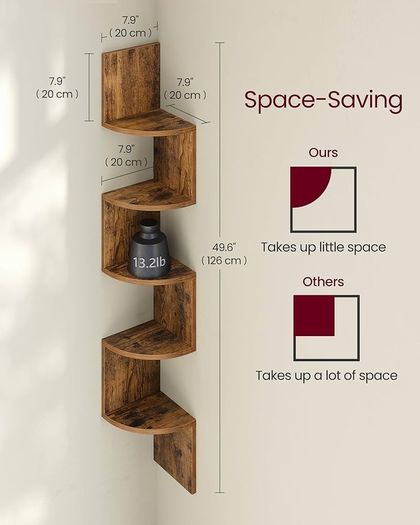 5-Tier Corner Shelf, Display Floating Shelf in Living Room, Study, Kitchen, Bedroom, for Plants, CDs, Decorations, Modern, Rustic Brown