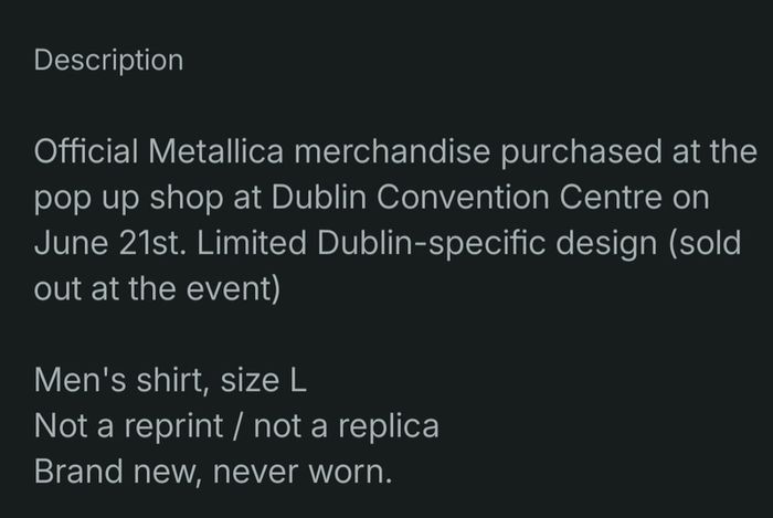Offical Metallica Dublin shirt