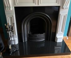 Cast Iron Open Fire Black Back Panel and White Surround Mantle Place