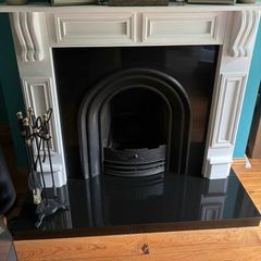 Cast Iron Open Fire Black Back Panel and White Surround Mantle Place