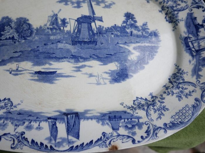Large Antique Delft Pottery Platter,  Vintage Serving Plate in Blue and White,  Collectable China and Ceramics 16" x 11,5"