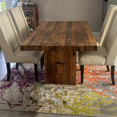 Solid reclaimed wood dining table w/ thick wood plank top. Quality construction. Seats 4-6. Natural patina. Imported from the US.