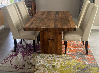 Solid reclaimed wood dining table w/ thick wood plank top. Quality construction. Seats 4-6. Natural patina. Imported from the US.