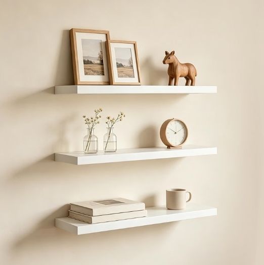 3PCS Floating Shelves for Wall, Modern Seamless Mounting, Wooden Wall Mounted Shelves for Living Room, Bedroom, Bathroom,Kitchen, Home Office, Laundry Room (White)