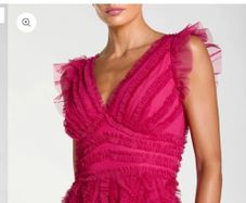 Mac Duggal Fuchsia Pink V-Neck Cap Sleeves Ruffle Maxi Dress -