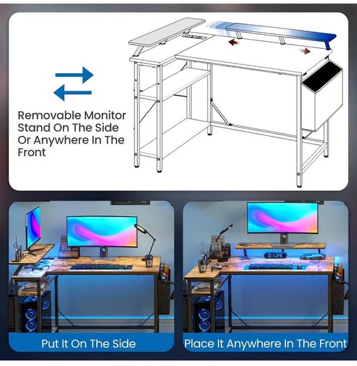 L Shaped Gaming Desk with LED Lights & Power Outlets, 120x80cm