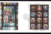 1993 Guernsey Christmas "Stained Glass Window by Mary-Eily de Pitron from, Chapel of Christ the Healer" Sheet Commemorative Stamps Official First Day Cover (FDC)