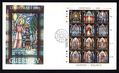 1993 Guernsey Christmas "Stained Glass Window by Mary-Eily de Pitron from, Chapel of Christ the Healer" Sheet Commemorative Stamps Official First Day Cover (FDC)