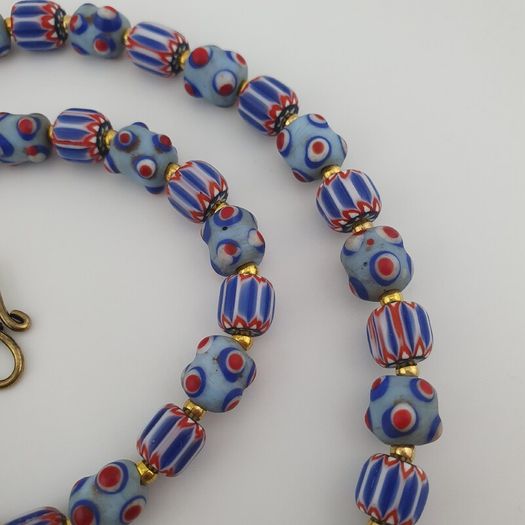 Antique Venetian Style Chevron & Skunk Glass Beads Necklace