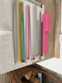 Knitting needles x12 plus holder , most metal & vintage