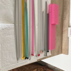 Knitting needles x12 plus holder , most metal & vintage