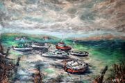 Murrisk, Emerald Seascape on Canvas, Fishing Boats