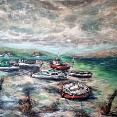 Murrisk, Emerald Seascape on Canvas, Fishing Boats
