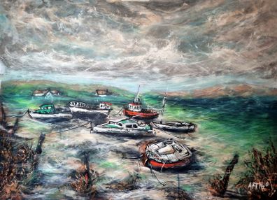 Murrisk, Emerald Seascape on Canvas, Fishing Boats