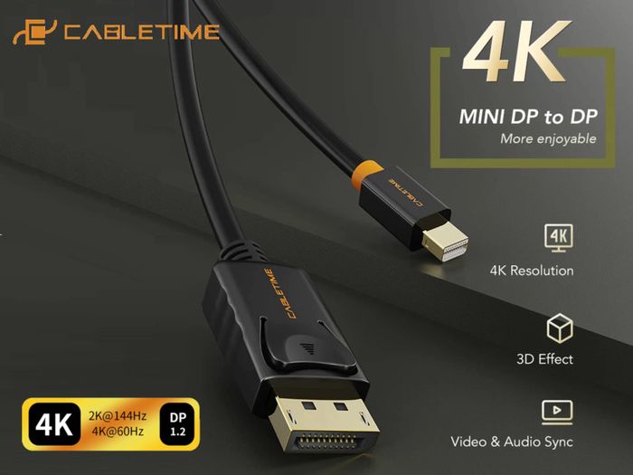 Cabletime 3M Mini DisplayPort to DisplayPort v1.2 Male (4K@60Hz) (Video-Audio) (Gold-Plated) Cable (Brand New/Warranty)