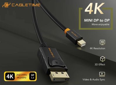 Cabletime 2M Mini DisplayPort to DisplayPort v1.2 Male (4K@60Hz) (Video-Audio) (Gold-Plated) Cable (Brand New/Warranty)